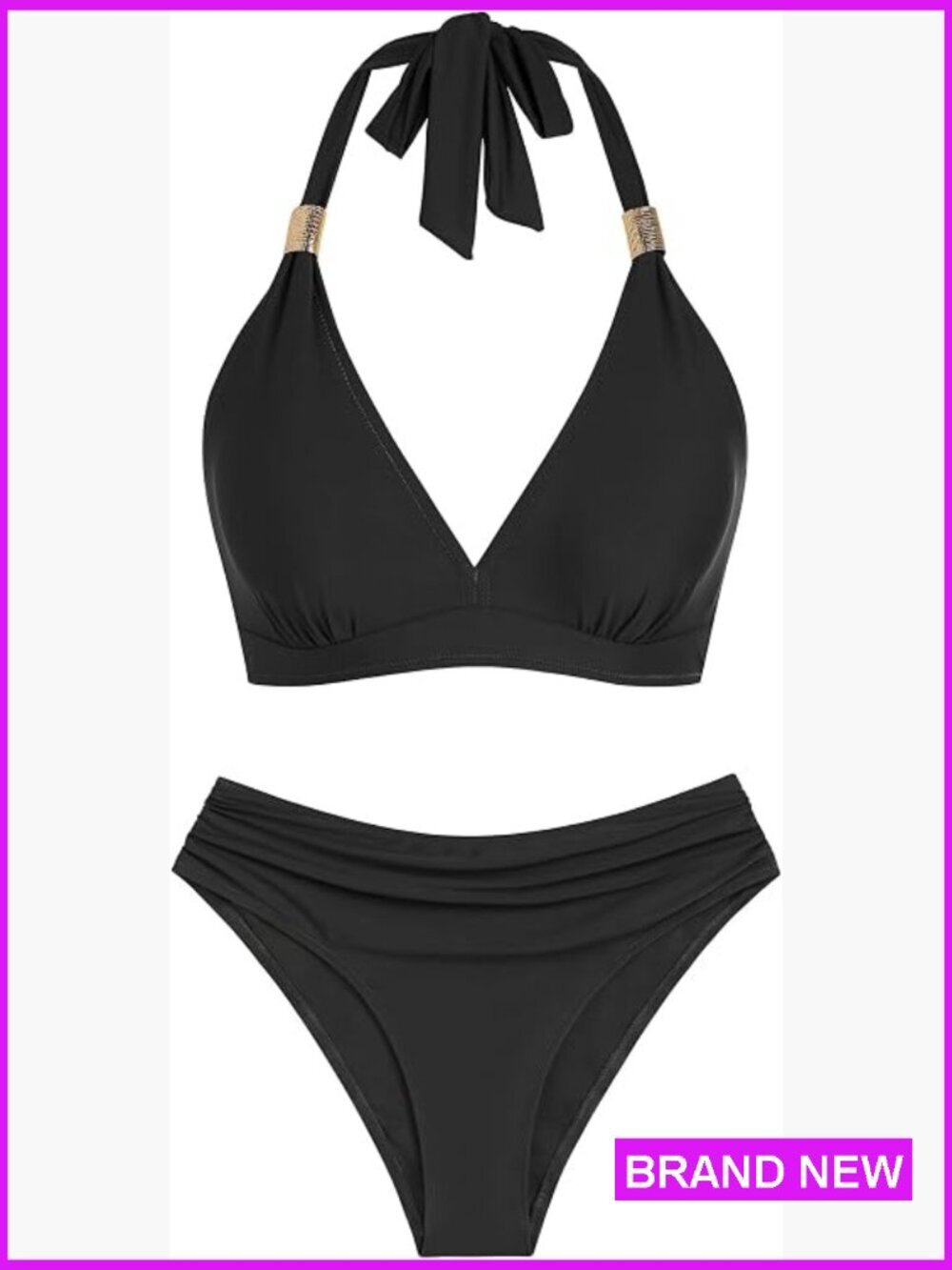 Halter Bikini Set V-Neck Open Back Tummy Control Two Piece Swimwear